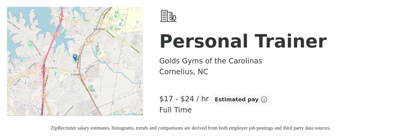 Golds Gyms of the Carolinas job posting for a Personal Trainer in Cornelius, NC with a salary of $18 to $25 Hourly with a map of Cornelius location.