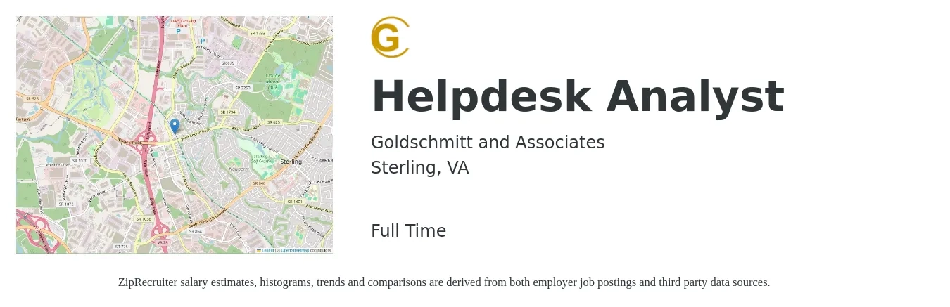 Goldschmitt and Associates job posting for a Helpdesk Analyst in Sterling, VA with a salary of $21 to $28 Hourly with a map of Sterling location.