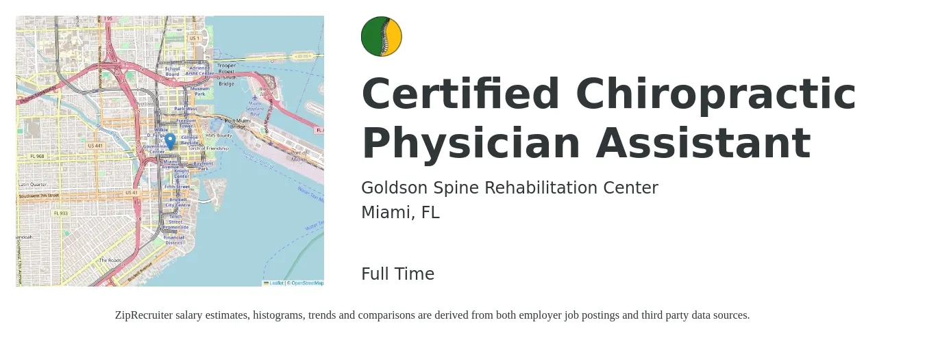 Goldson Spine Rehabilitation Center job posting for a Certified Chiropractic Physician Assistant in Miami, FL with a salary of $15 to $19 Hourly with a map of Miami location.