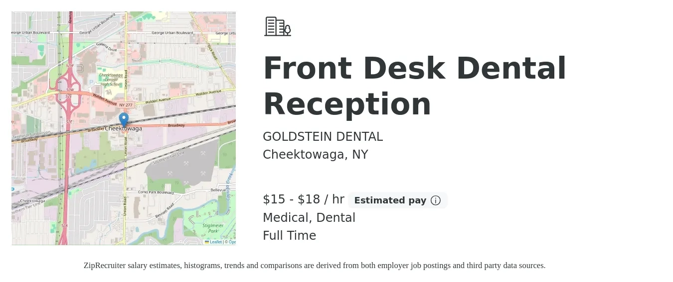 GOLDSTEIN DENTAL job posting for a Front Desk Dental Reception in Cheektowaga, NY with a salary of $16 to $19 Hourly and benefits including retirement, dental, medical, and pto with a map of Cheektowaga location.