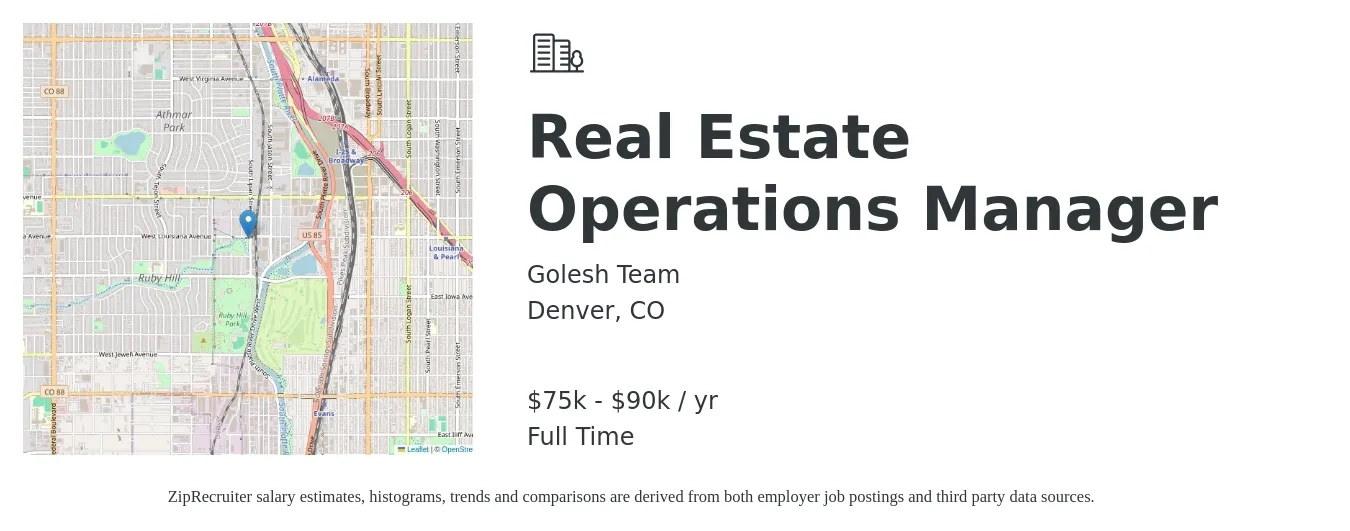 Golesh Team job posting for a Real Estate Operations Manager in Denver, CO with a salary of $70,000 to $85,000 Yearly with a map of Denver location.