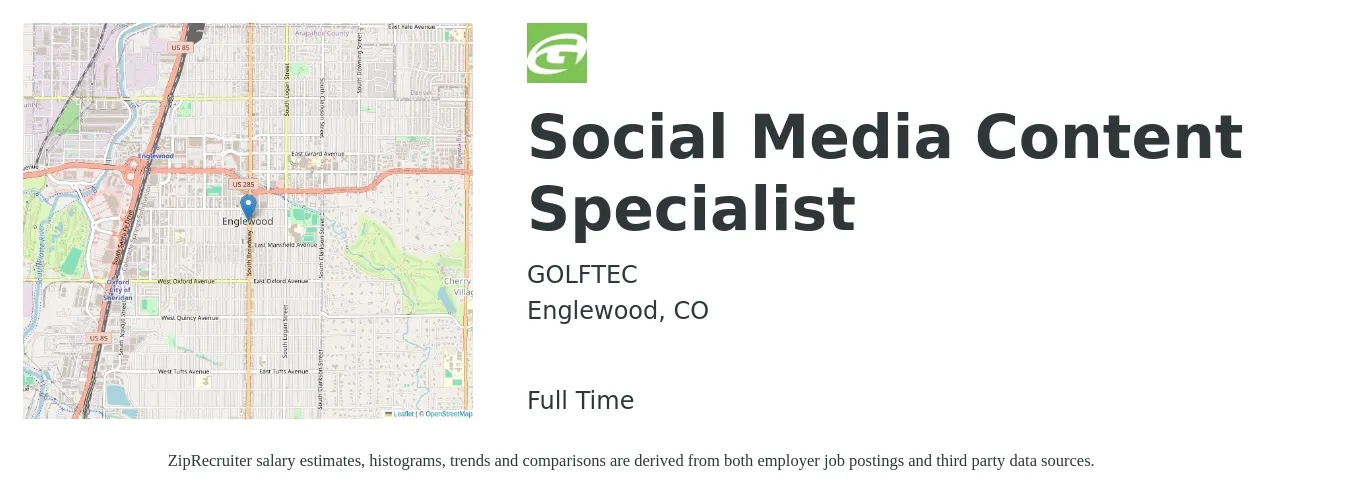 GOLFTEC job posting for a Social Media Content Specialist in Englewood, CO with a salary of $60,000 to $65,000 Yearly with a map of Englewood location.