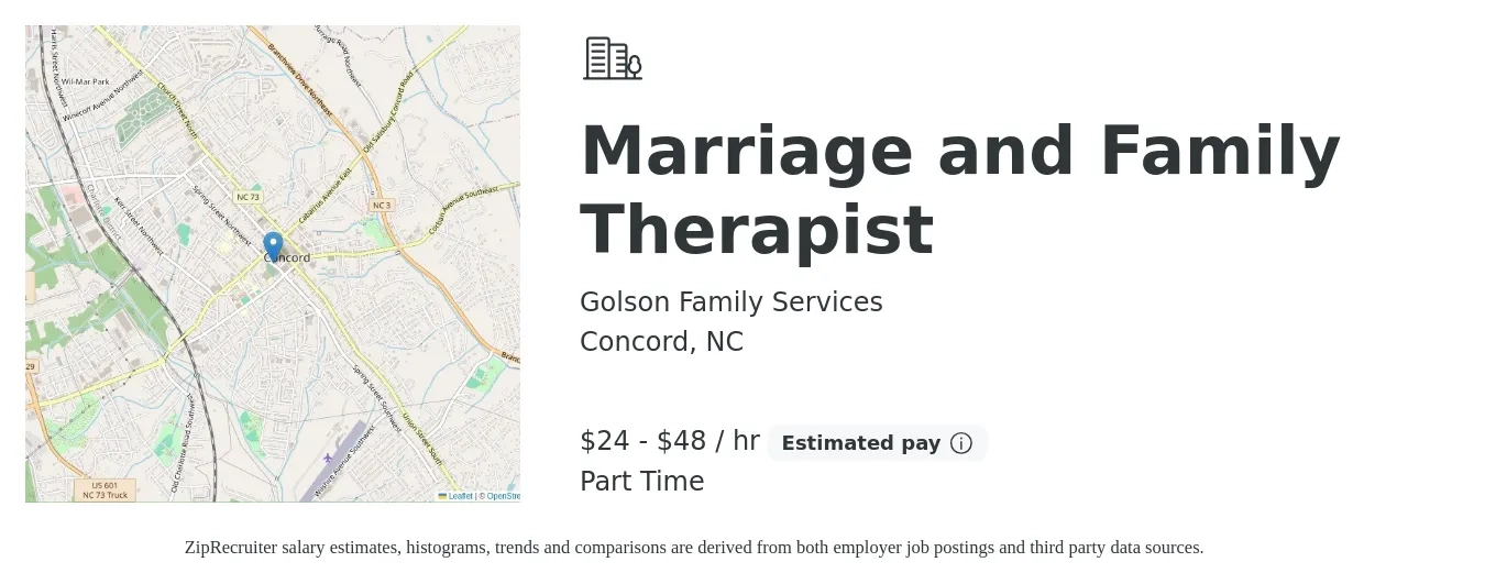 Golson Family Services job posting for a Marriage and Family Therapist in Concord, NC with a salary of $25 to $50 Hourly with a map of Concord location.