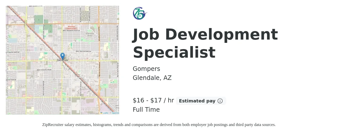 Gompers job posting for a Job Development Specialist in Glendale, AZ with a salary of $18 to $18 Hourly with a map of Glendale location.