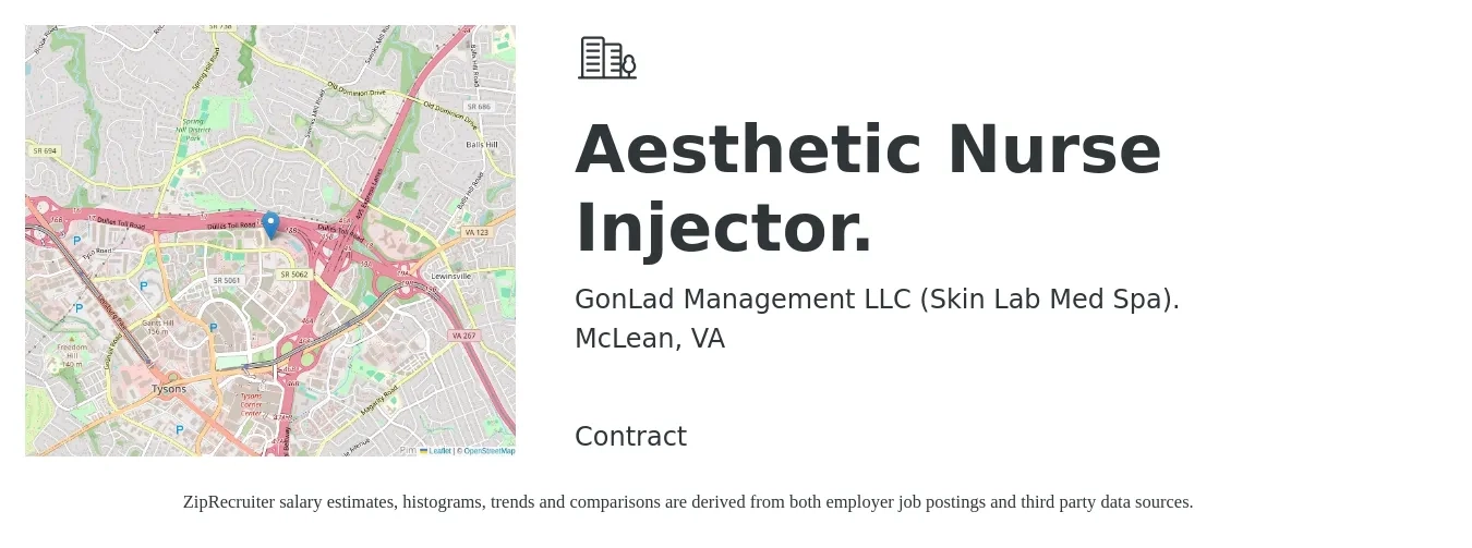 GonLad Management LLC (Skin Lab Med Spa). job posting for a Aesthetic Nurse Injector. in McLean, VA with a salary of $31 to $46 Hourly with a map of McLean location.
