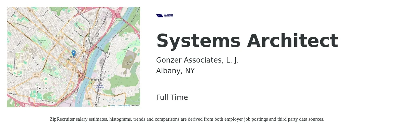 Gonzer Associates, L. J. job posting for a Systems Architect in Albany, NY with a salary of $241,300 Yearly with a map of Albany location.