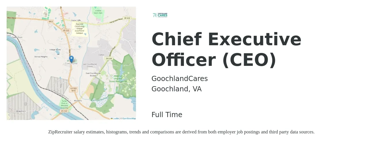 GoochlandCares job posting for a Chief Executive Officer (CEO) in Goochland, VA with a salary of $100,500 to $148,200 Yearly with a map of Goochland location.