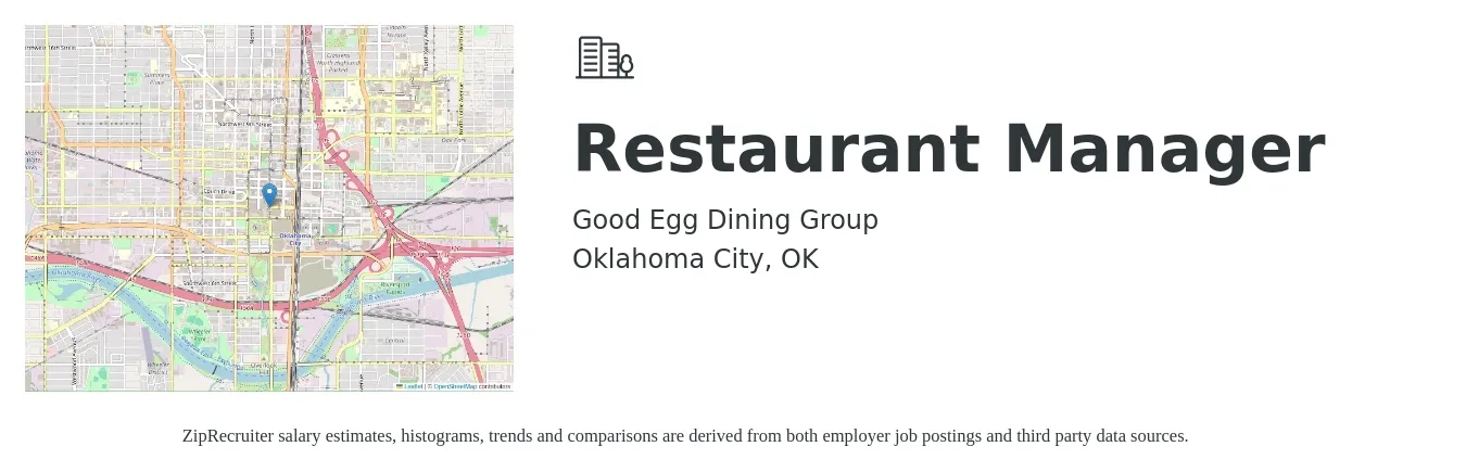 Good Egg Dining Group job posting for a Restaurant Manager in Oklahoma City, OK with a salary of $41,600 to $58,600 Yearly with a map of Oklahoma City location.