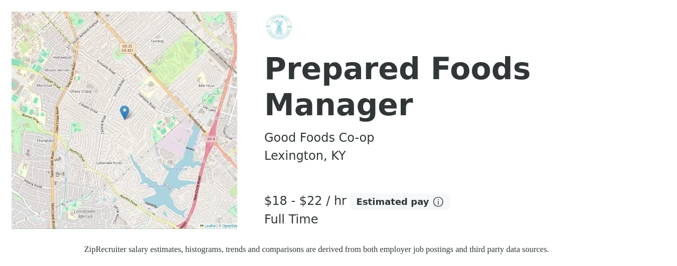 Good Foods Co-op job posting for a Prepared Foods Manager in Lexington, KY with a salary of $20 to $23 Hourly with a map of Lexington location.