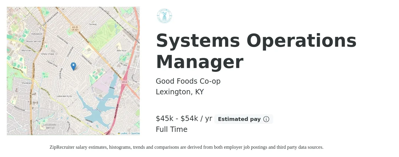 Good Foods Co-op job posting for a Systems Operations Manager in Lexington, KY with a salary of $45,988 to $54,080 Yearly with a map of Lexington location.