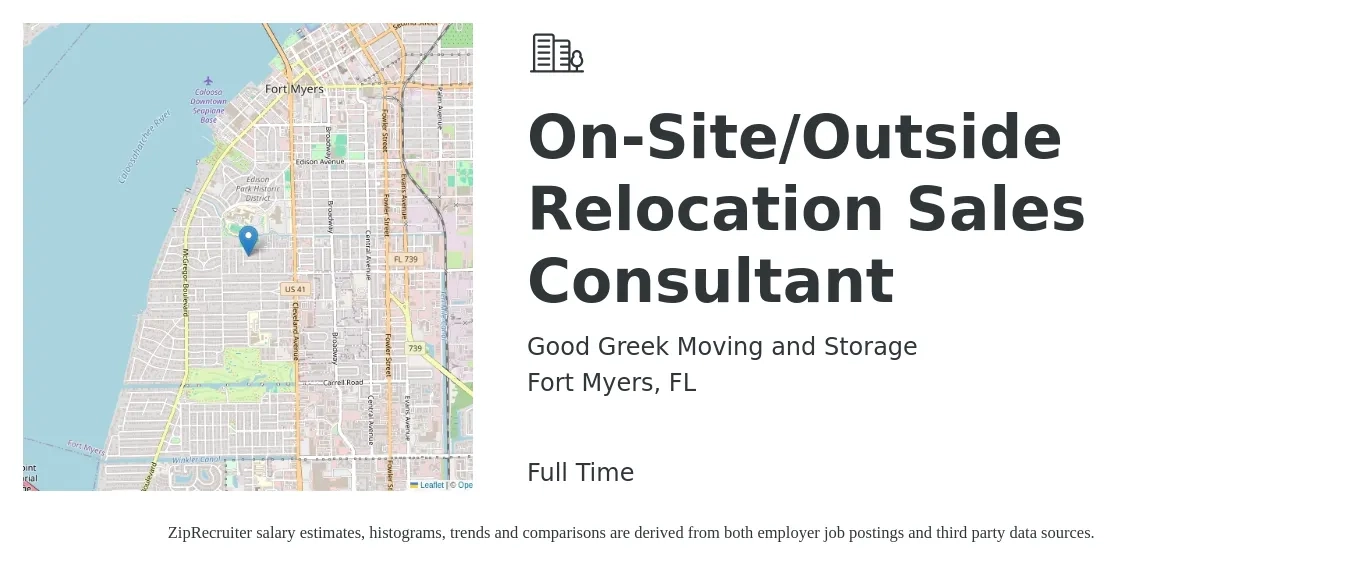 Good Greek Moving and Storage job posting for a On-Site/Outside Relocation Sales Consultant in Fort Myers, FL with a salary of $42,900 to $85,900 Yearly with a map of Fort Myers location.