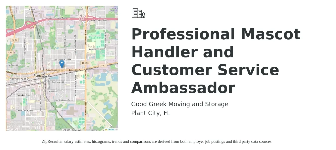 Good Greek Moving and Storage job posting for a Professional Mascot Handler and Customer Service Ambassador in Plant City, FL with a salary of $13 to $16 Hourly with a map of Plant City location.