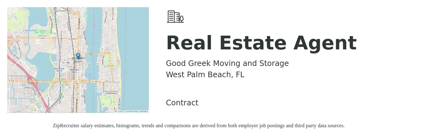 Good Greek Moving and Storage job posting for a Real Estate Agent in West Palm Beach, FL with a salary of $58,800 to $97,900 Yearly with a map of West Palm Beach location.