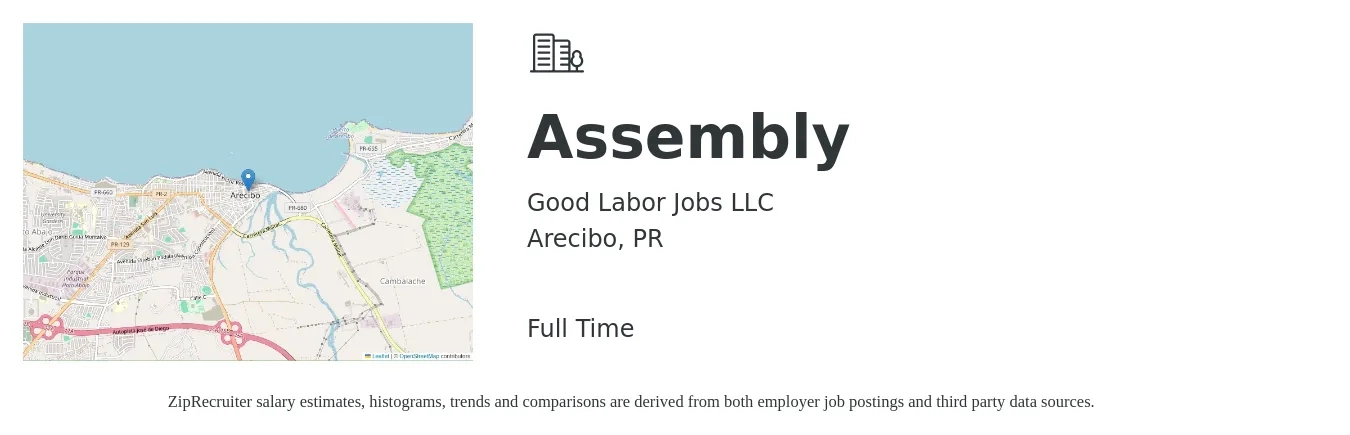 Good Labor Jobs LLC job posting for a Assembly in Arecibo, PR with a salary of $14 to $17 Hourly with a map of Arecibo location.