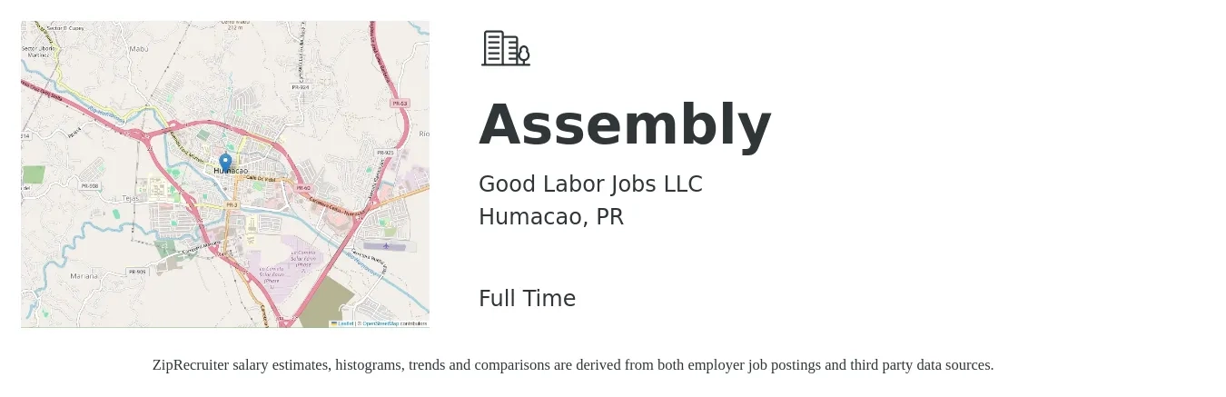Good Labor Jobs LLC job posting for a Assembly in Humacao, PR with a salary of $16 to $20 Hourly with a map of Humacao location.