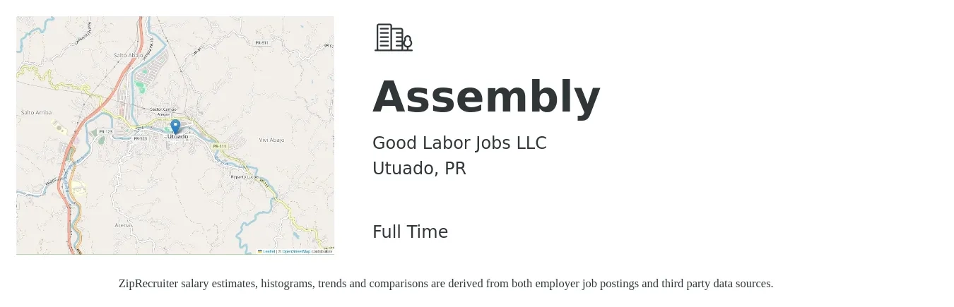 Good Labor Jobs LLC job posting for a Assembly in Utuado, PR with a salary of $15 to $19 Hourly with a map of Utuado location.
