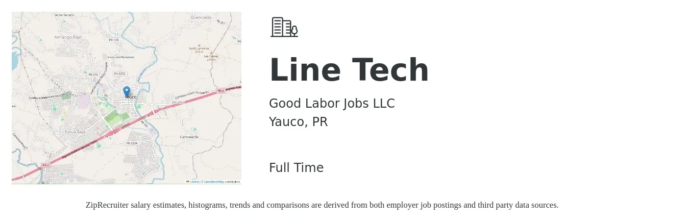 Good Labor Jobs LLC job posting for a Line Tech in Yauco, PR with a salary of $18 to $22 Hourly with a map of Yauco location.
