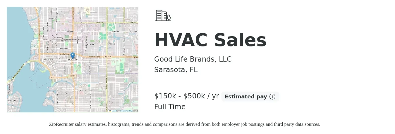 Good Life Brands, LLC job posting for a HVAC Sales in Sarasota, FL with a salary of $150,000 to $500,000 Yearly with a map of Sarasota location.