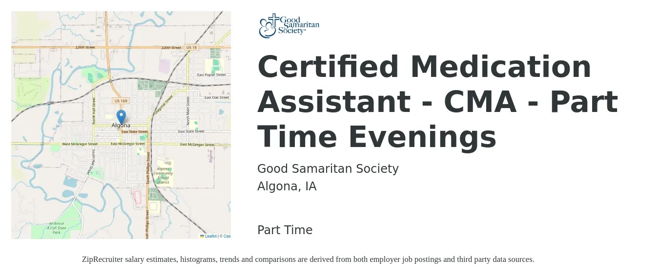 Good Samaritan Society job posting for a Certified Medication Assistant - CMA - Part Time Evenings in Algona, IA with a salary of $1,750 Weekly with a map of Algona location.