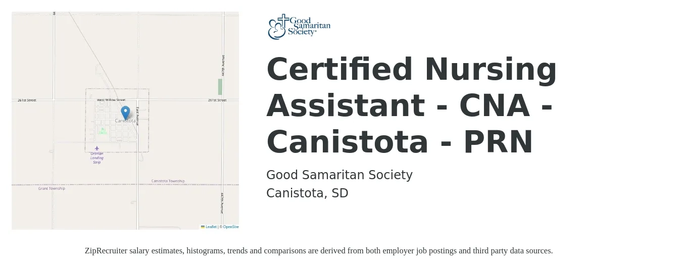Good Samaritan Society job posting for a Certified Nursing Assistant - CNA - Canistota - PRN in Canistota, SD with a salary of $16 to $22 Hourly with a map of Canistota location.