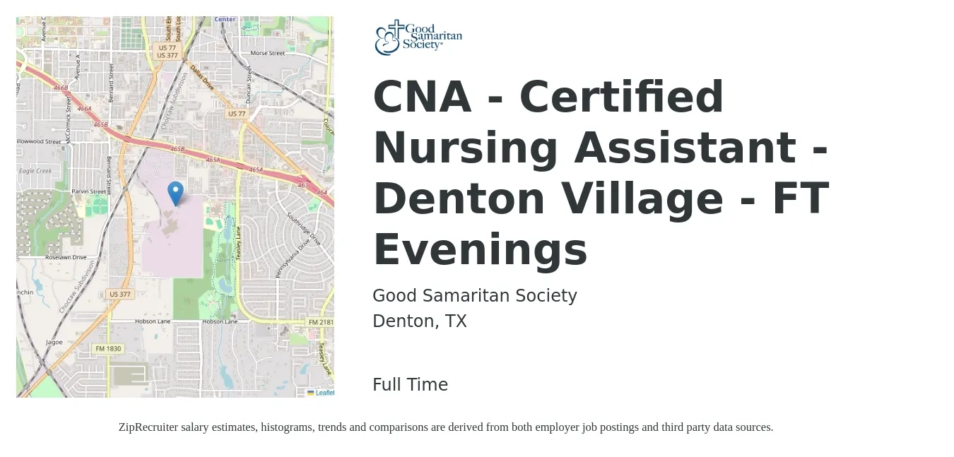 Good Samaritan Society job posting for a CNA - Certified Nursing Assistant - Denton Village - FT Evenings in Denton, TX with a salary of $16 to $22 Hourly with a map of Denton location.
