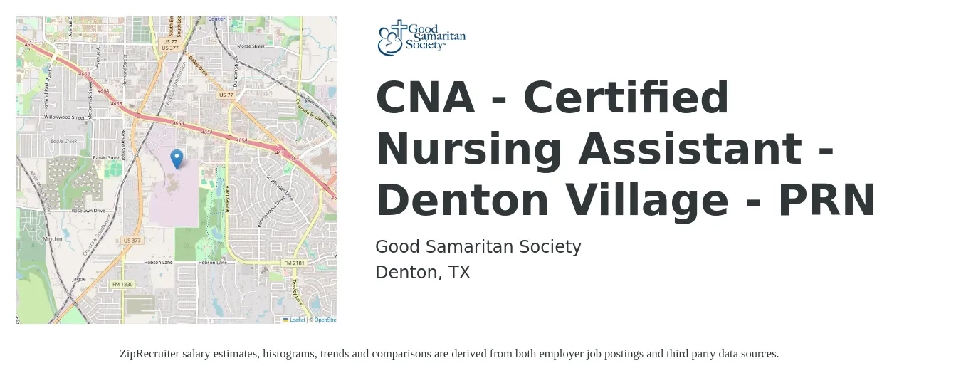 Good Samaritan Society job posting for a CNA - Certified Nursing Assistant - Denton Village - PRN in Denton, TX with a salary of $16 to $22 Hourly with a map of Denton location.