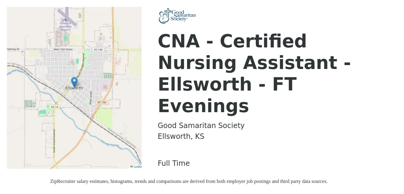 Good Samaritan Society job posting for a CNA - Certified Nursing Assistant - Ellsworth - FT Evenings in Ellsworth, KS with a salary of $16 to $22 Hourly with a map of Ellsworth location.