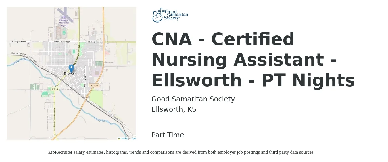 Good Samaritan Society job posting for a CNA - Certified Nursing Assistant - Ellsworth - PT Nights in Ellsworth, KS with a salary of $1,500 Weekly with a map of Ellsworth location.