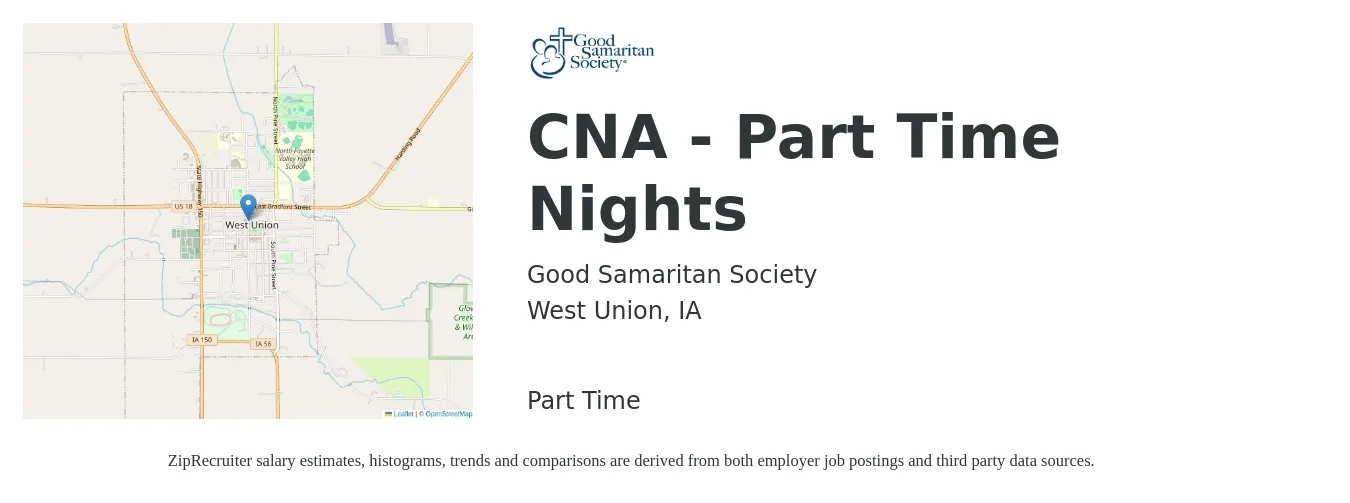 Good Samaritan Society job posting for a CNA - Part Time Nights in West Union, IA with a salary of $1,750 Weekly with a map of West Union location.