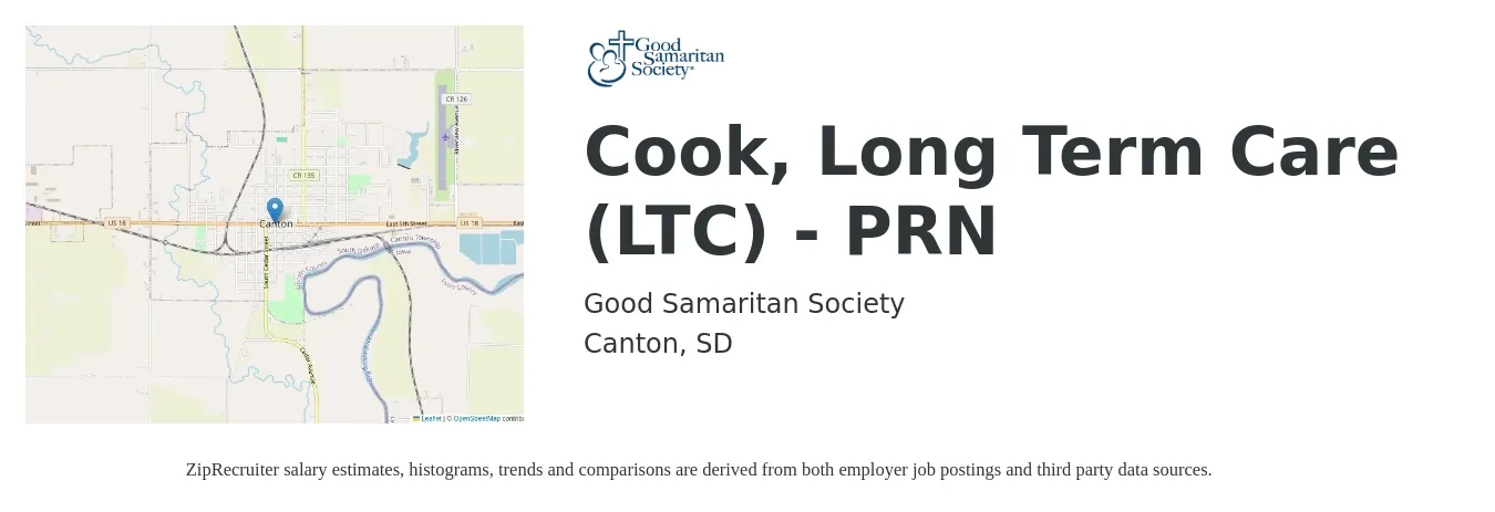 Good Samaritan Society job posting for a Cook, Long Term Care (LTC) - PRN in Canton, SD with a salary of $14 to $18 Hourly with a map of Canton location.