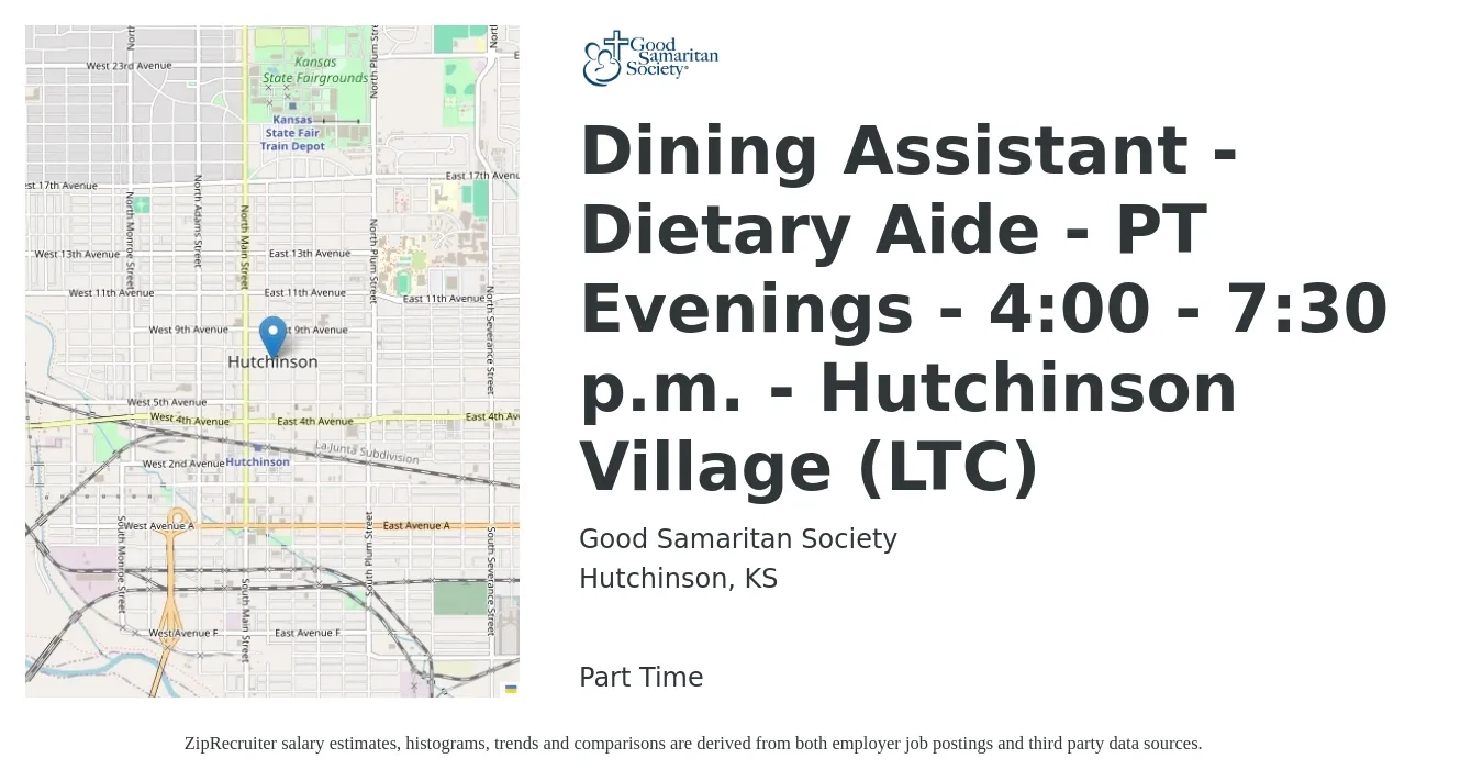 Good Samaritan Society job posting for a Dining Assistant - Dietary Aide - PT Evenings - 4:00 - 7:30 p.m. - Hutchinson Village (LTC) in Hutchinson, KS with a salary of $13 to $16 Hourly with a map of Hutchinson location.