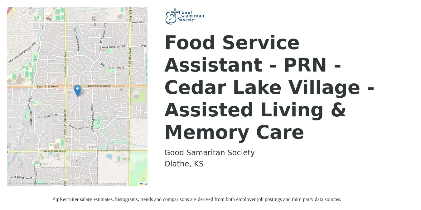 Good Samaritan Society job posting for a Food Service Assistant - PRN - Cedar Lake Village - Assisted Living & Memory Care in Olathe, KS with a salary of $14 to $18 Hourly with a map of Olathe location.