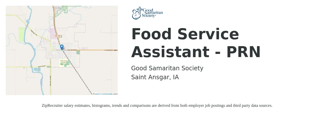 Good Samaritan Society job posting for a Food Service Assistant - PRN in Saint Ansgar, IA with a salary of $15 to $18 Hourly with a map of Saint Ansgar location.