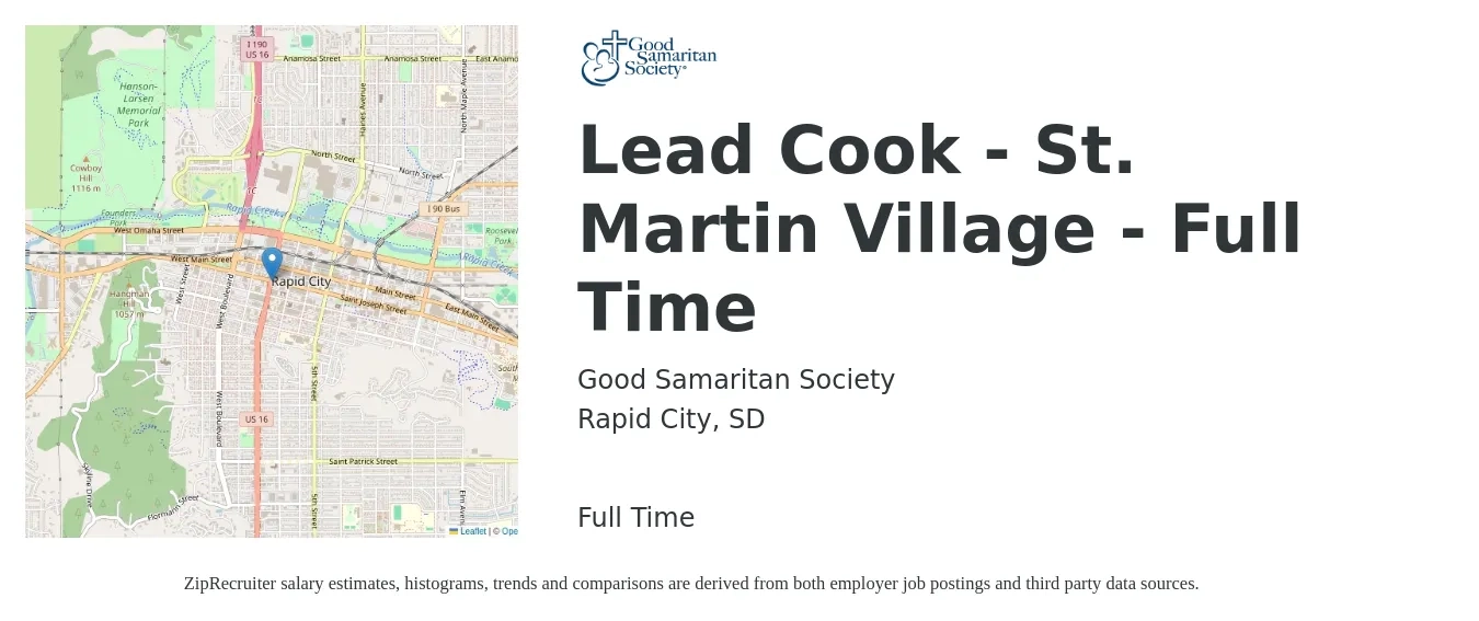 Good Samaritan Society job posting for a Lead Cook - St. Martin Village - Full Time in Rapid City, SD with a salary of $3,500 Weekly with a map of Rapid City location.