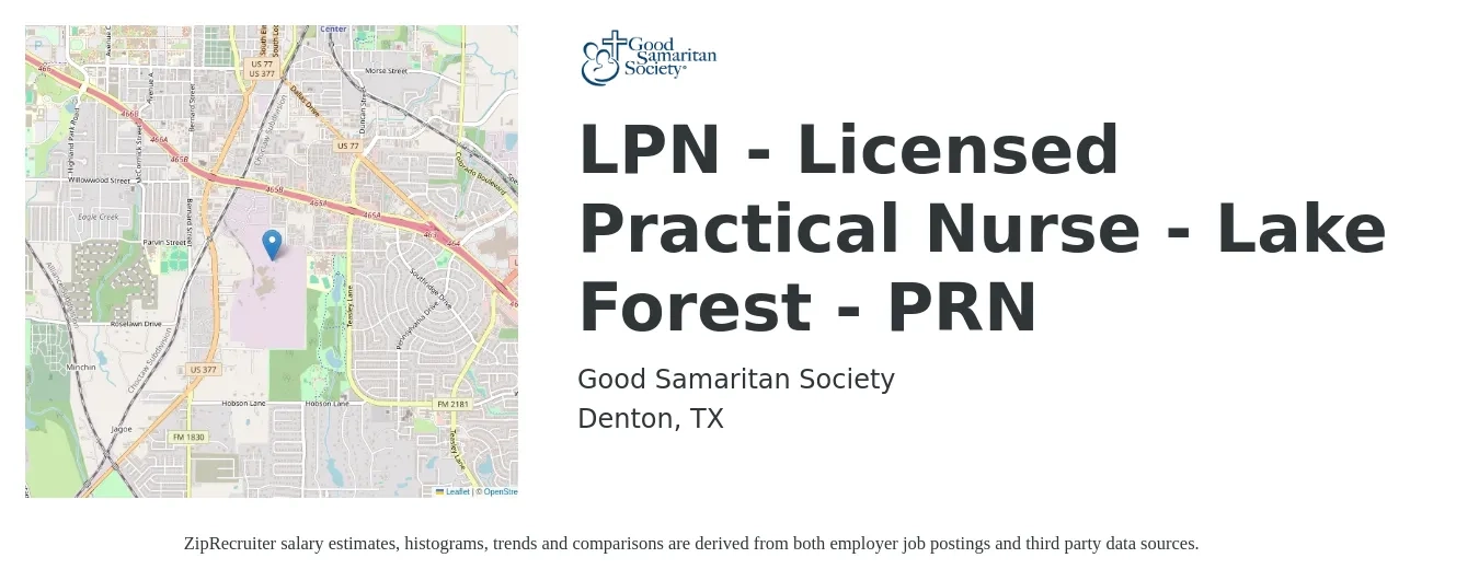 Good Samaritan Society job posting for a LPN - Licensed Practical Nurse - Lake Forest - PRN in Denton, TX with a salary of $24 to $33 Hourly with a map of Denton location.