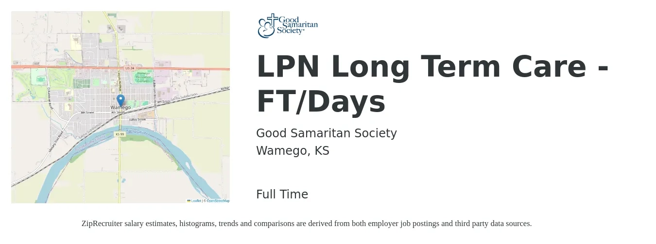 Good Samaritan Society job posting for a LPN Long Term Care - FT/Days in Wamego, KS with a salary of $19 to $26 Hourly with a map of Wamego location.