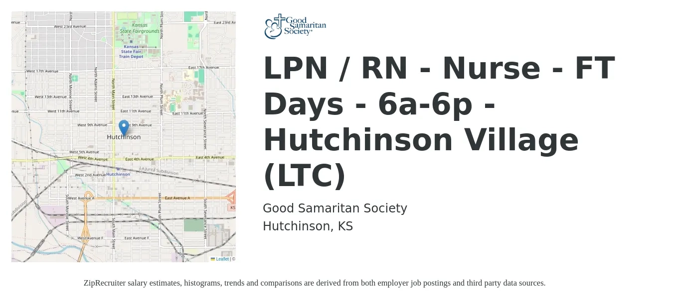 Good Samaritan Society job posting for a LPN / RN - Nurse - FT Days - 6a-6p - Hutchinson Village (LTC) in Hutchinson, KS with a salary of $24 to $32 Hourly with a map of Hutchinson location.