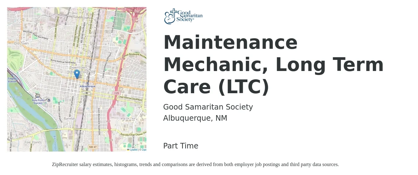 Good Samaritan Society job posting for a Maintenance Mechanic, Long Term Care (LTC) in Albuquerque, NM with a map of Albuquerque location.