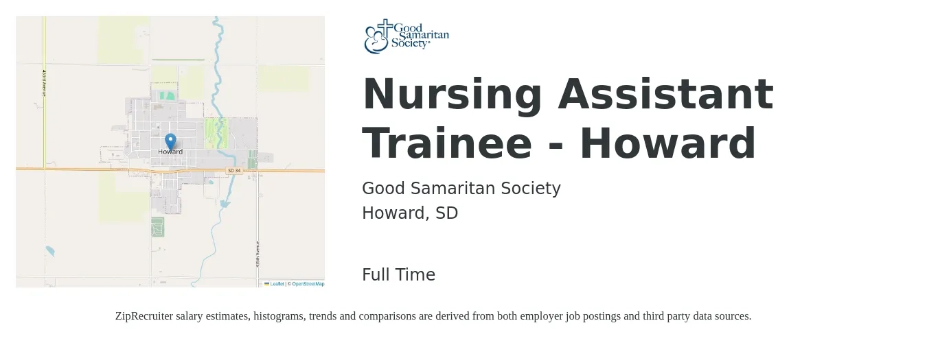 Good Samaritan Society job posting for a Nursing Assistant Trainee - Howard in Howard, SD with a salary of $30,300 to $40,000 Yearly with a map of Howard location.