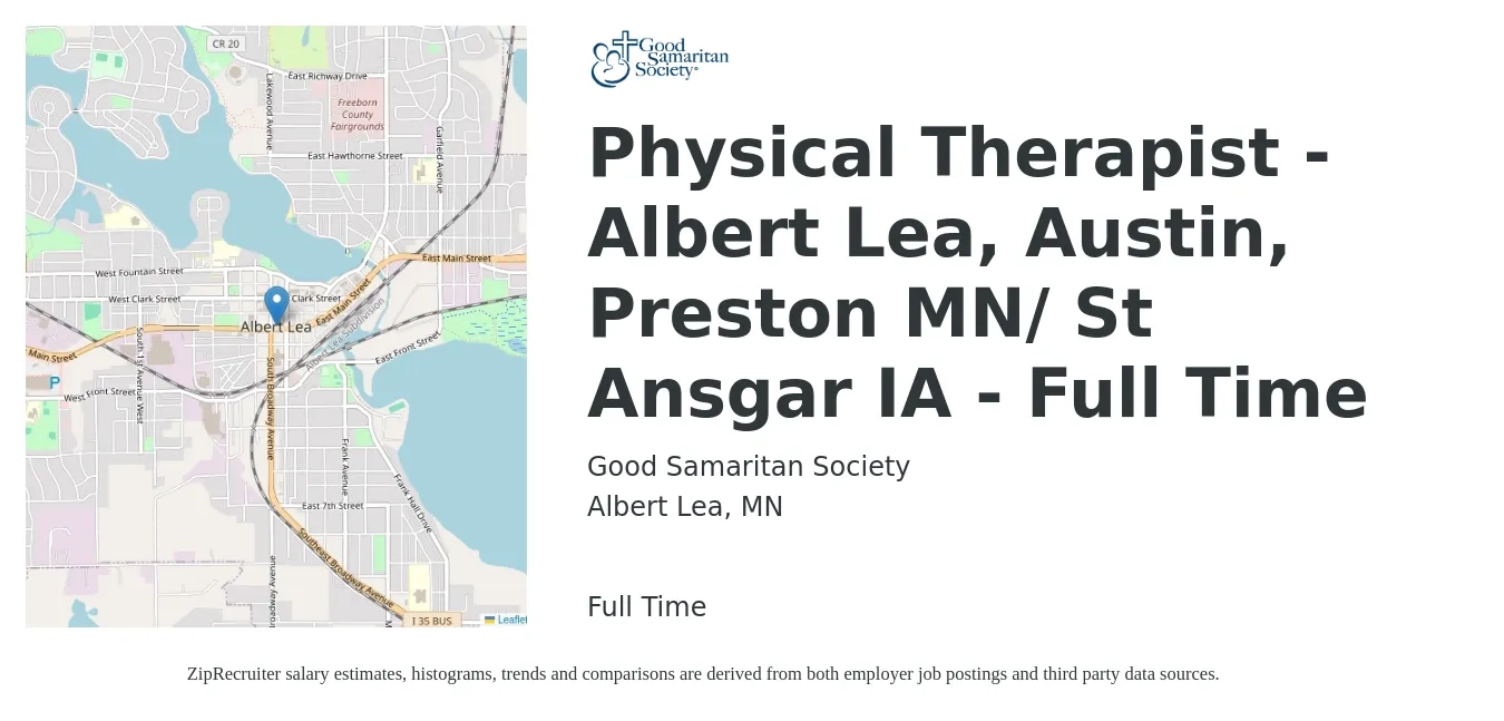 Good Samaritan Society job posting for a Physical Therapist - Albert Lea, Austin, Preston MN/ St Ansgar IA - Full Time in Albert Lea, MN with a salary of $1,540 to $1,990 Weekly with a map of Albert Lea location.