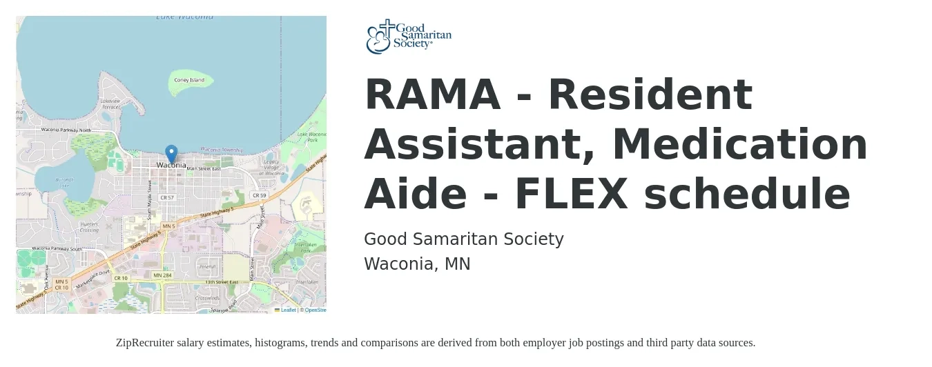 Good Samaritan Society job posting for a RAMA - Resident Assistant, Medication Aide - FLEX schedule in Waconia, MN with a salary of $16 to $20 Hourly with a map of Waconia location.