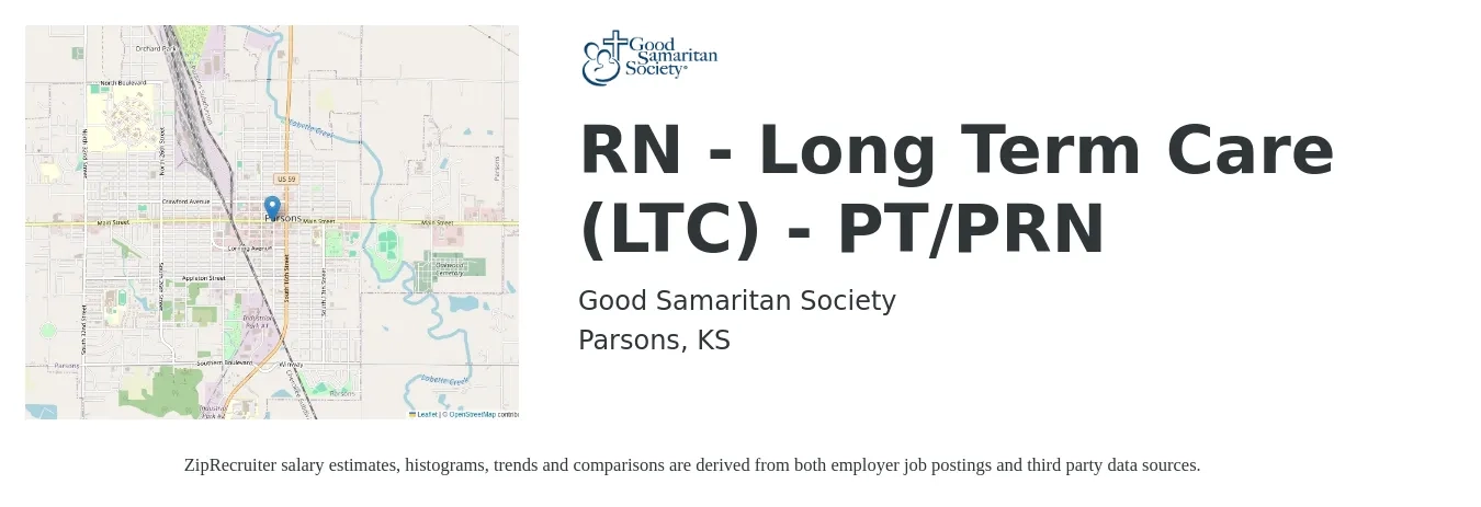 Good Samaritan Society job posting for a RN - Long Term Care (LTC) - PT/PRN in Parsons, KS with a salary of $30 to $48 Hourly with a map of Parsons location.