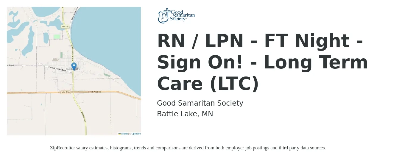 Good Samaritan Society job posting for a RN / LPN - FT Night - Sign On! - Long Term Care (LTC) in Battle Lake, MN with a salary of $26 to $36 Hourly with a map of Battle Lake location.