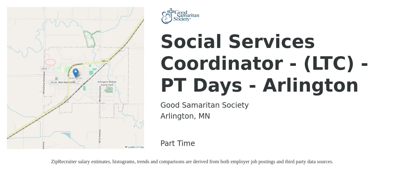 Good Samaritan Society job posting for a Social Services Coordinator - (LTC) - PT Days - Arlington in Arlington, MN with a salary of $47,100 to $81,100 Yearly with a map of Arlington location.