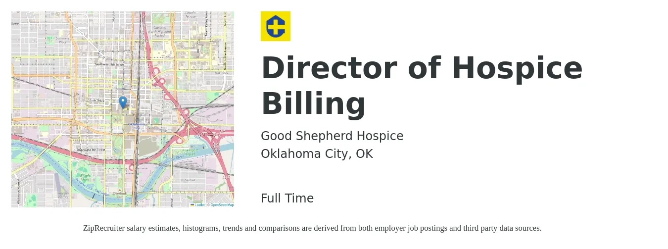 Good Shepherd Hospice job posting for a Director of Hospice Billing in Oklahoma City, OK with a salary of $49,700 to $65,500 Yearly with a map of Oklahoma City location.
