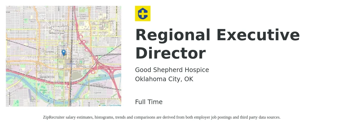 Good Shepherd Hospice job posting for a Regional Executive Director in Oklahoma City, OK with a salary of $63,200 to $106,800 Yearly with a map of Oklahoma City location.