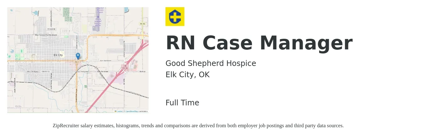 Good Shepherd Hospice job posting for a RN Case Manager in Elk City, OK with a salary of $33 to $53 Hourly with a map of Elk City location.
