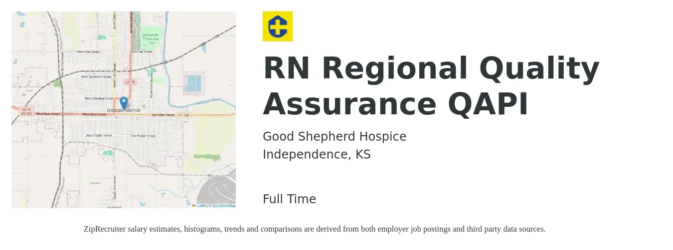 Good Shepherd Hospice job posting for a RN Regional Quality Assurance QAPI in Independence, KS with a salary of $45,300 to $78,200 Yearly with a map of Independence location.