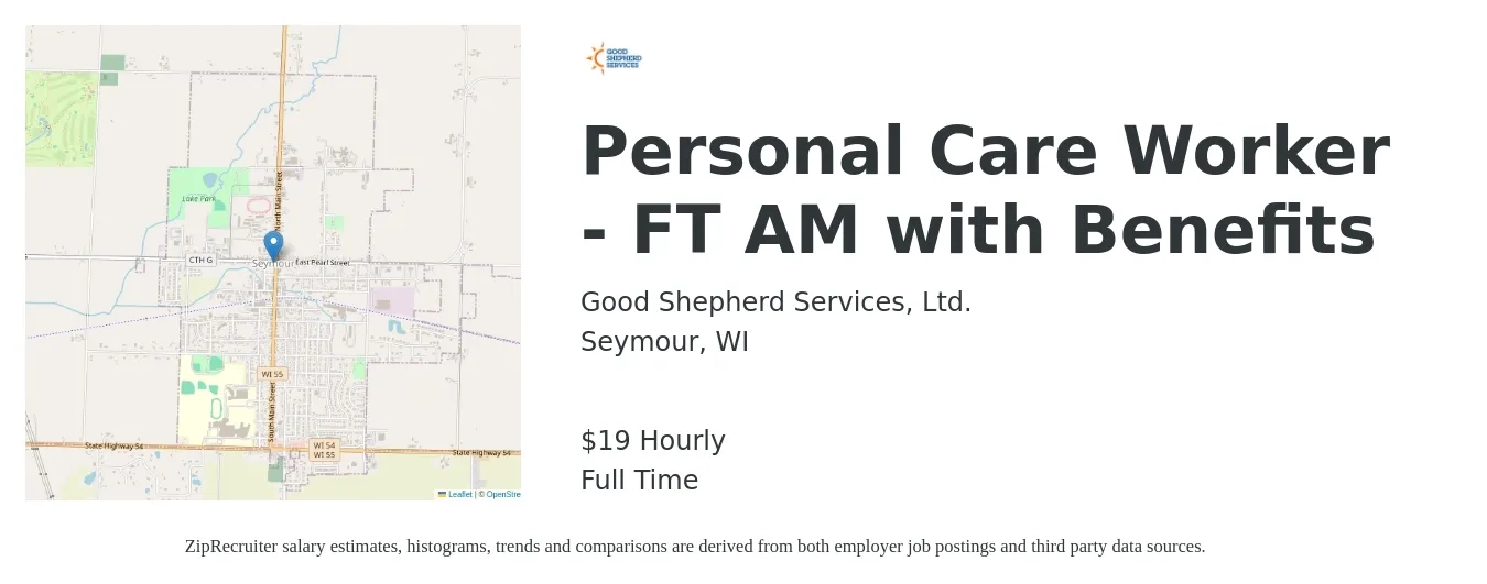 Good Shepherd Services, Ltd. job posting for a Personal Care Worker - FT AM with Benefits in Seymour, WI with a salary of $16 to $22 Hourly with a map of Seymour location.