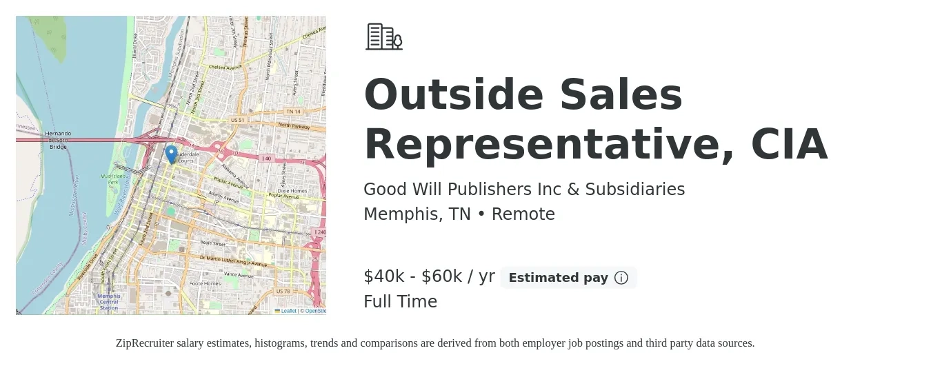 Good Will Publishers Inc & Subsidiaries job posting for a Outside Sales Representative, CIA in Memphis, TN with a salary of $40,000 to $60,000 Yearly with a map of Memphis location.